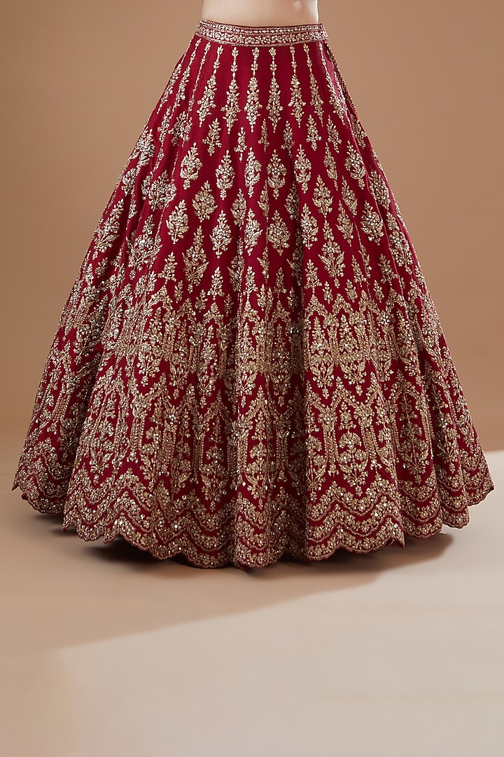 Red Raw Silk Zari Embroidered Bridal Lehenga Set by NITIKA GUJRAL at Pernia's Pop Up Shop