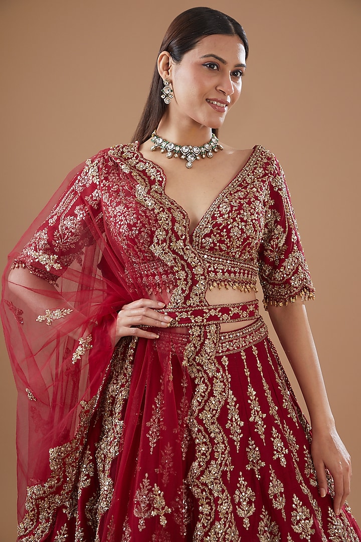 Red Raw Silk Zari Embroidered Bridal Lehenga Set by NITIKA GUJRAL at Pernia's Pop Up Shop