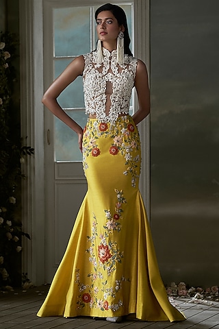 Yellow Taffeta Silk Floral Embroidered Fishtail Skirt Set by NITIKA GUJRAL