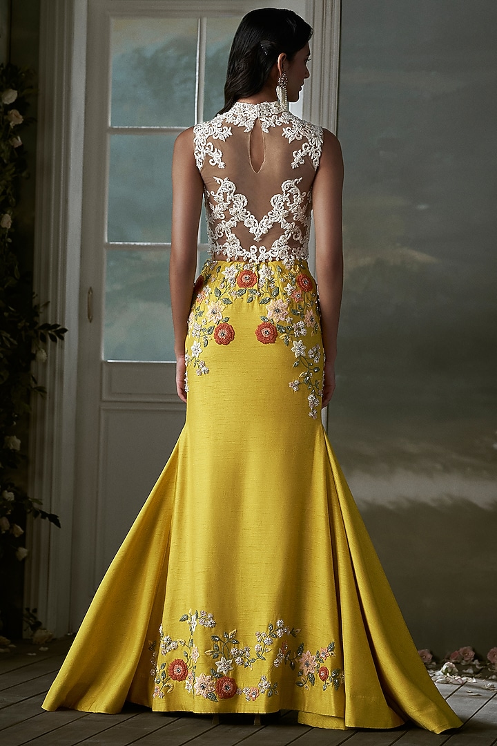 Yellow Taffeta Silk Floral Embroidered Fishtail Skirt Set by NITIKA GUJRAL at Pernia's Pop Up Shop