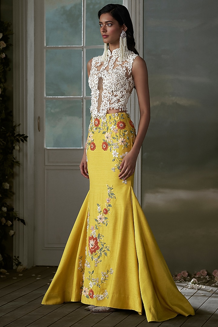 Yellow Taffeta Silk Floral Embroidered Fishtail Skirt Set by NITIKA GUJRAL at Pernia's Pop Up Shop