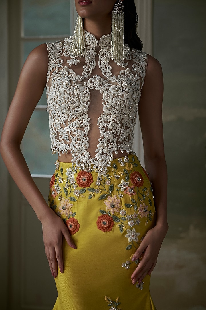 Yellow Taffeta Silk Floral Embroidered Fishtail Skirt Set by NITIKA GUJRAL at Pernia's Pop Up Shop