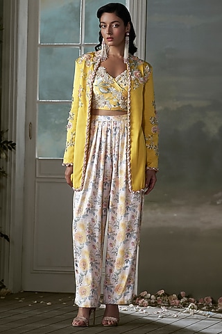 Yellow Taffeta Silk Resham Embroidered Jacket Set by NITIKA GUJRAL