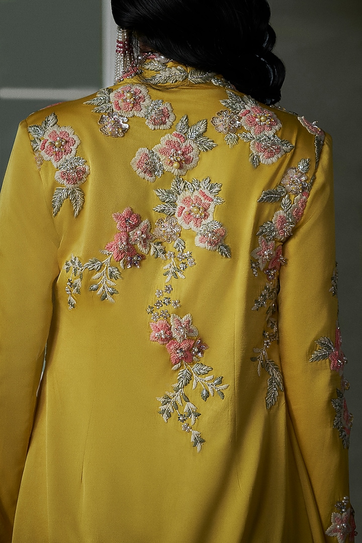 Yellow Taffeta Silk Resham Embroidered Jacket Set by NITIKA GUJRAL at Pernia's Pop Up Shop