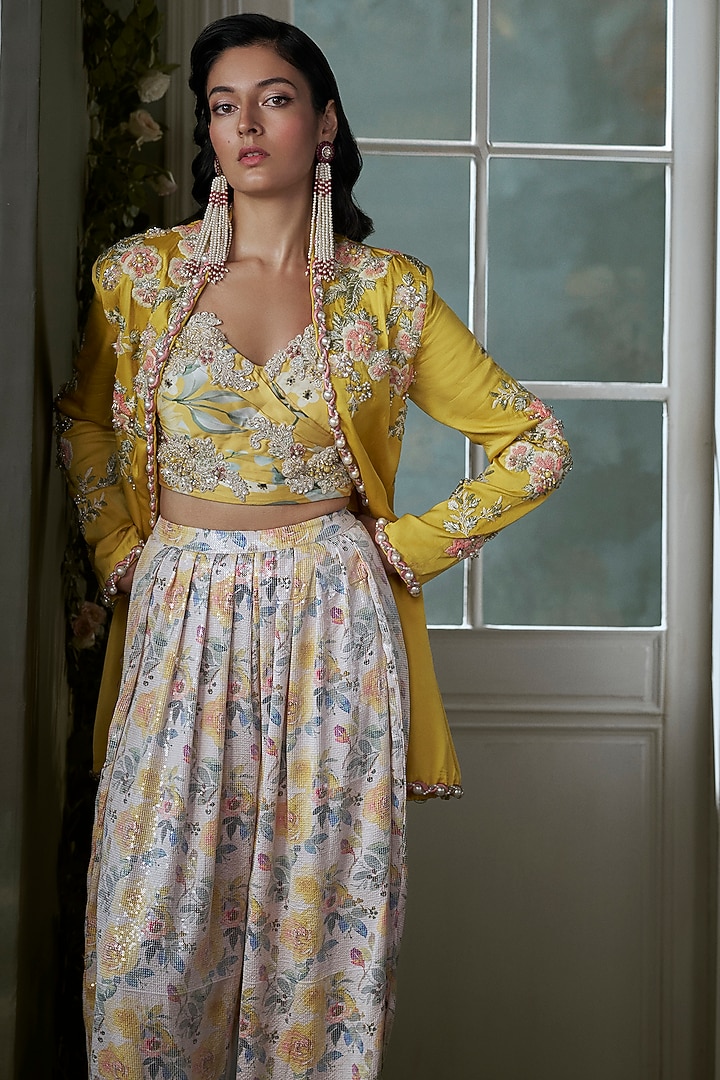 Yellow Taffeta Silk Resham Embroidered Jacket Set by NITIKA GUJRAL at Pernia's Pop Up Shop