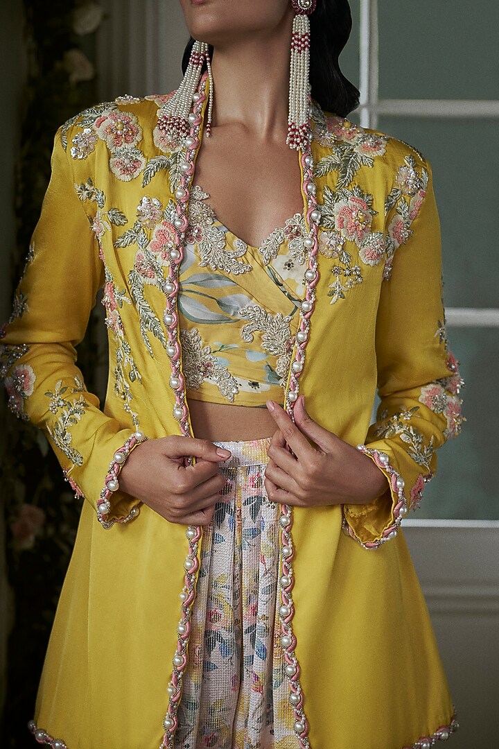 Yellow Taffeta Silk Resham Embroidered Jacket Set by NITIKA GUJRAL at Pernia's Pop Up Shop