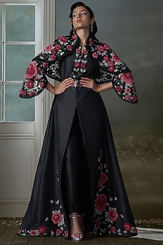 Black Taffeta Silk Resham Embroidered Jacket Set by NITIKA GUJRAL