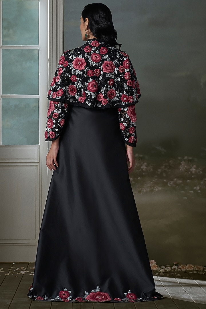 Black Taffeta Silk Resham Embroidered Jacket Set by NITIKA GUJRAL at Pernia's Pop Up Shop