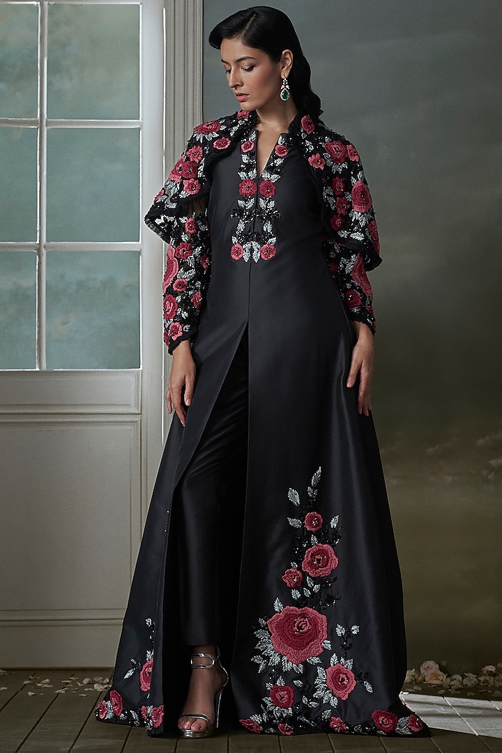 Black Taffeta Silk Resham Embroidered Jacket Set by NITIKA GUJRAL at Pernia's Pop Up Shop