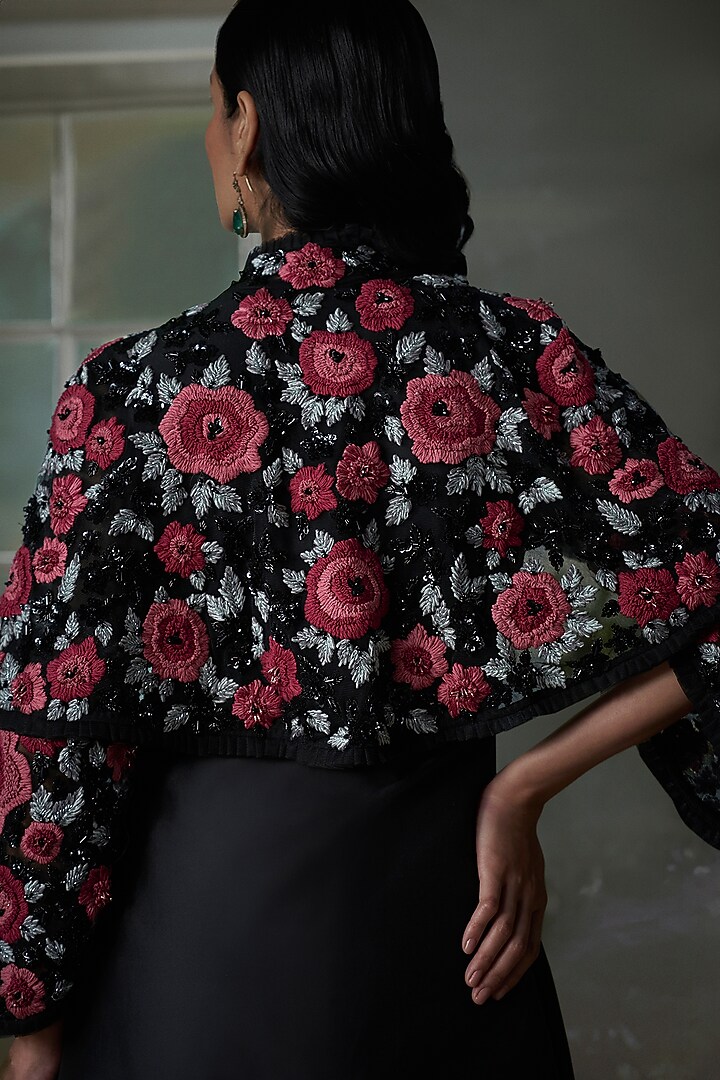Black Taffeta Silk Resham Embroidered Jacket Set by NITIKA GUJRAL at Pernia's Pop Up Shop