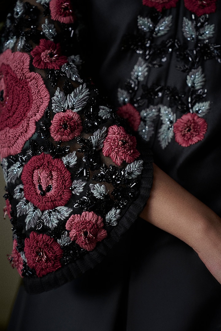 Black Taffeta Silk Resham Embroidered Jacket Set by NITIKA GUJRAL at Pernia's Pop Up Shop