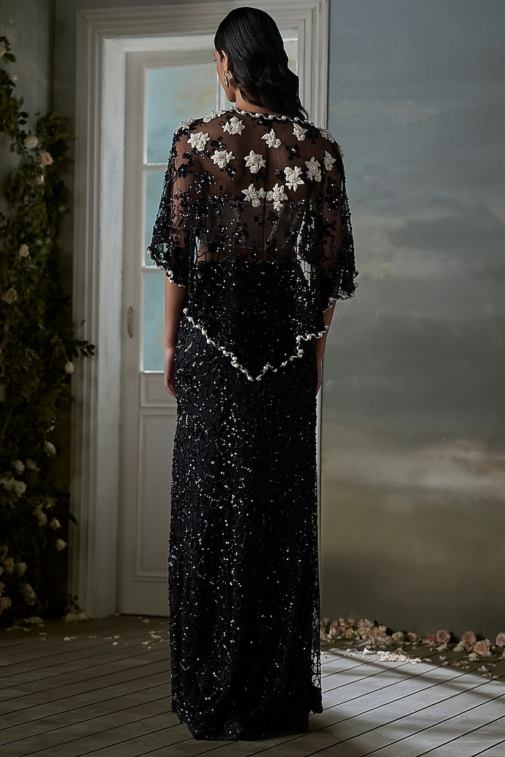 Black Net & Satin Pearl Embellished Slit Skirt Set by NITIKA GUJRAL at Pernia's Pop Up Shop