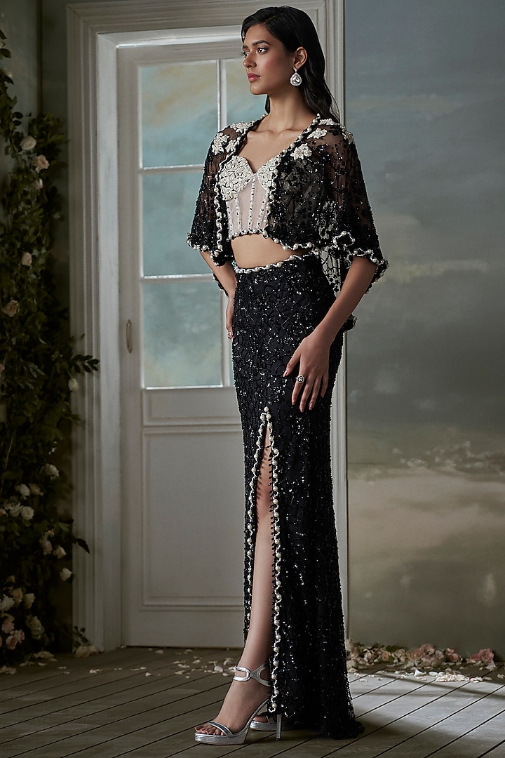 Black Net & Satin Pearl Embellished Slit Skirt Set by NITIKA GUJRAL at Pernia's Pop Up Shop