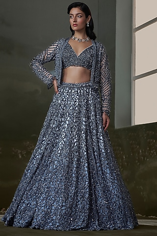 Stone Grey Net & Satin Sequins Embroidered Jacket Lehenga Set by NITIKA GUJRAL