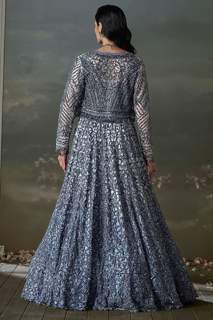Stone Grey Net & Satin Sequins Embroidered Jacket Bridal Lehenga Set by NITIKA GUJRAL at Pernia's Pop Up Shop