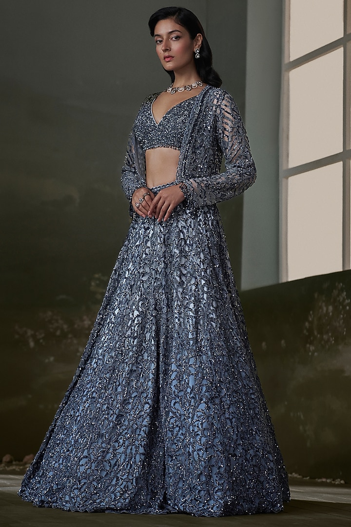 Stone Grey Net & Satin Sequins Embroidered Jacket Bridal Lehenga Set by NITIKA GUJRAL at Pernia's Pop Up Shop
