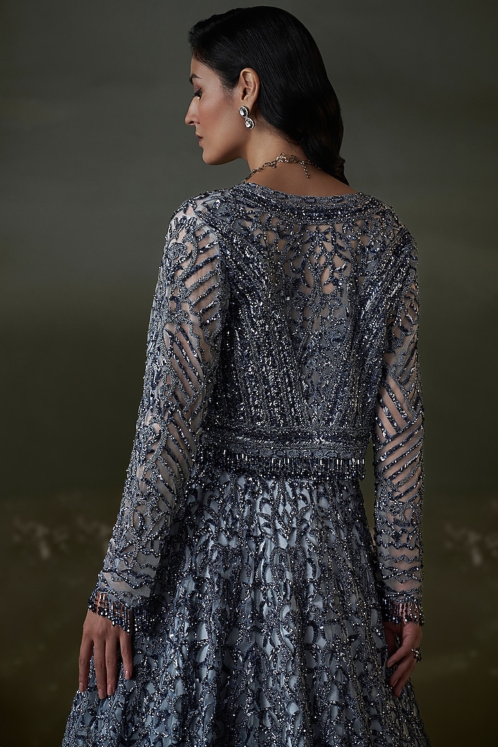 Stone Grey Net & Satin Sequins Embroidered Jacket Bridal Lehenga Set by NITIKA GUJRAL at Pernia's Pop Up Shop