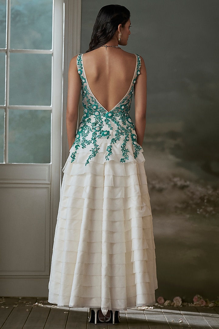 Ivory Organza Resham Embroidered Layered Midi Party Wear Dress by NITIKA GUJRAL at Pernia's Pop Up Shop