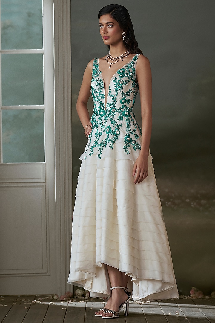 Ivory Organza Resham Embroidered Layered Midi Party Wear Dress by NITIKA GUJRAL at Pernia's Pop Up Shop