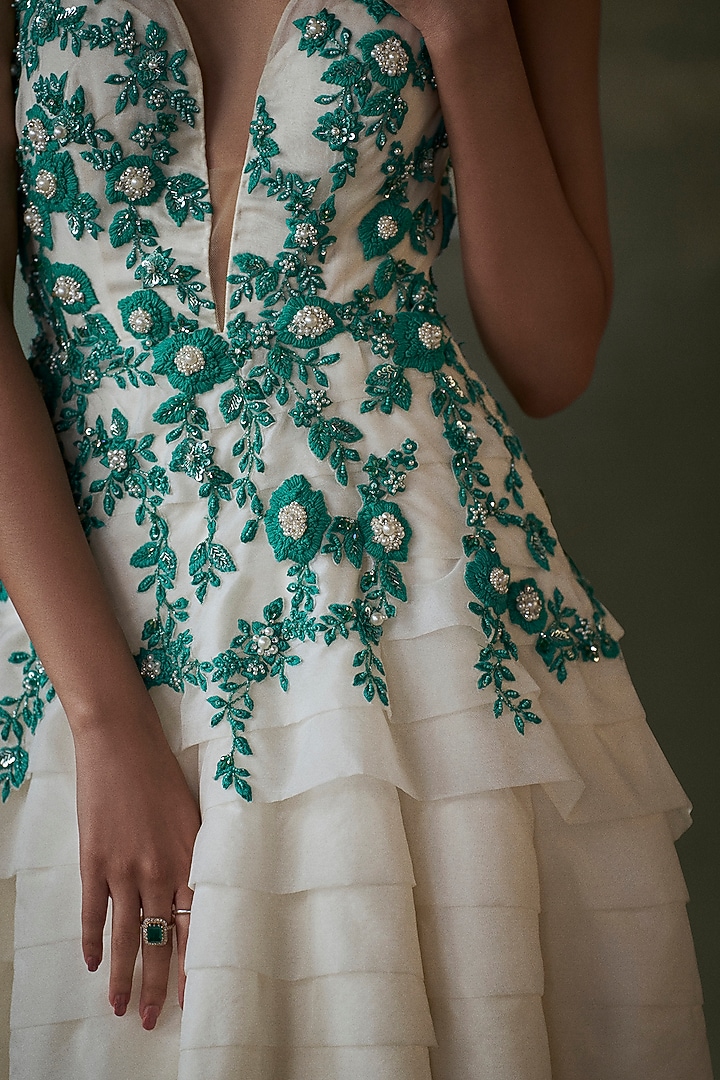 Ivory Organza Resham Embroidered Layered Midi Party Wear Dress by NITIKA GUJRAL at Pernia's Pop Up Shop