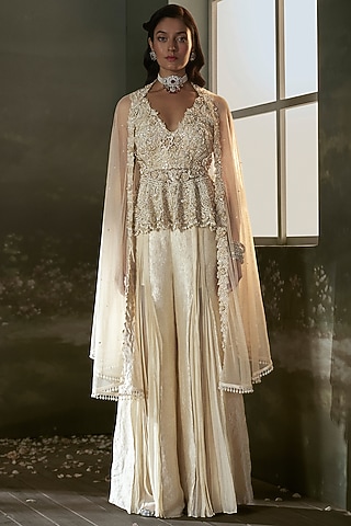 Cream Crinkle Organza Sharara Set by NITIKA GUJRAL