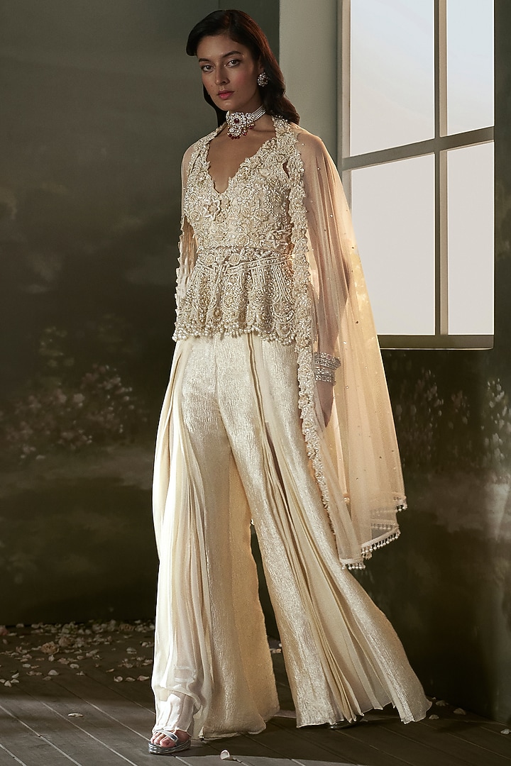 Cream Crinkle Organza Bridal Sharara Set by NITIKA GUJRAL at Pernia's Pop Up Shop
