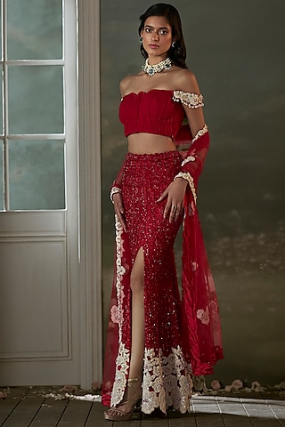 Red Chiffon Resham & Sequins Embroidered Skirt Set by NITIKA GUJRAL