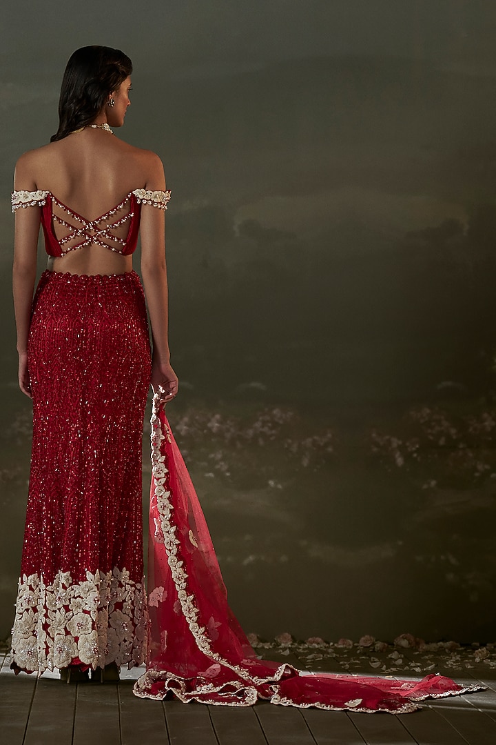 Red Chiffon Resham & Sequins Embroidered Skirt Set by NITIKA GUJRAL at Pernia's Pop Up Shop