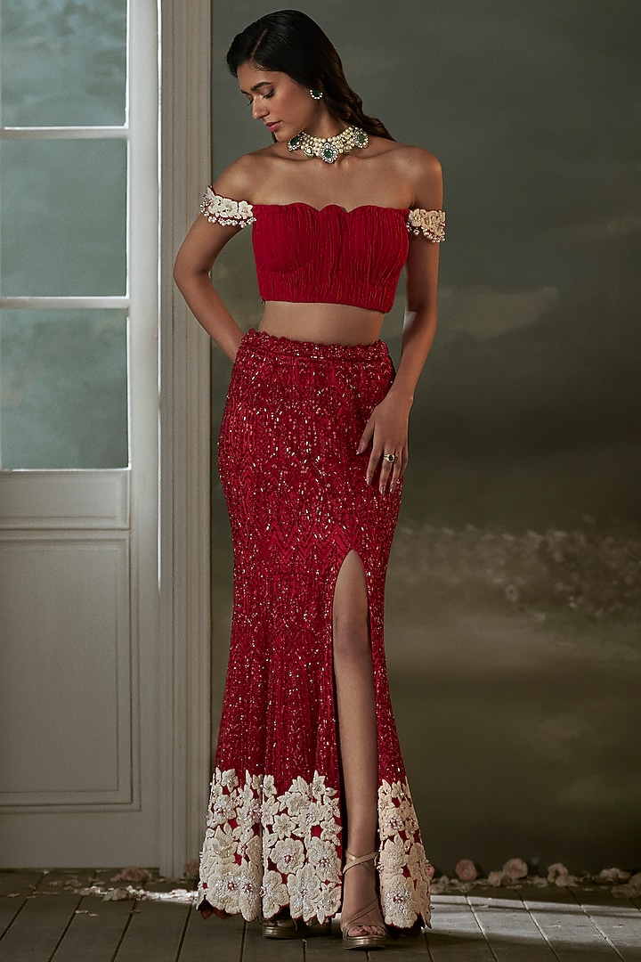 Red Chiffon Resham & Sequins Embroidered Skirt Set by NITIKA GUJRAL at Pernia's Pop Up Shop