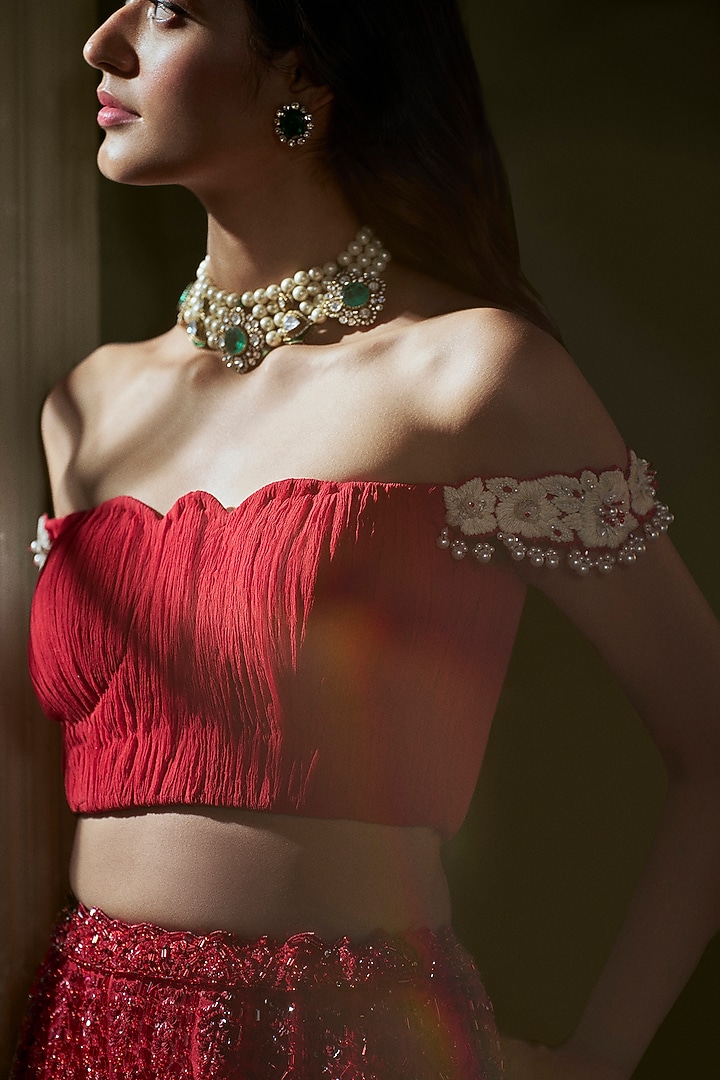 Red Chiffon Resham & Sequins Embroidered Skirt Set by NITIKA GUJRAL at Pernia's Pop Up Shop