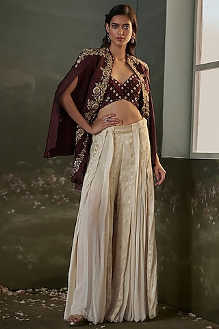 Burgundy Organza Bead Embroidered Cape Set by NITIKA GUJRAL