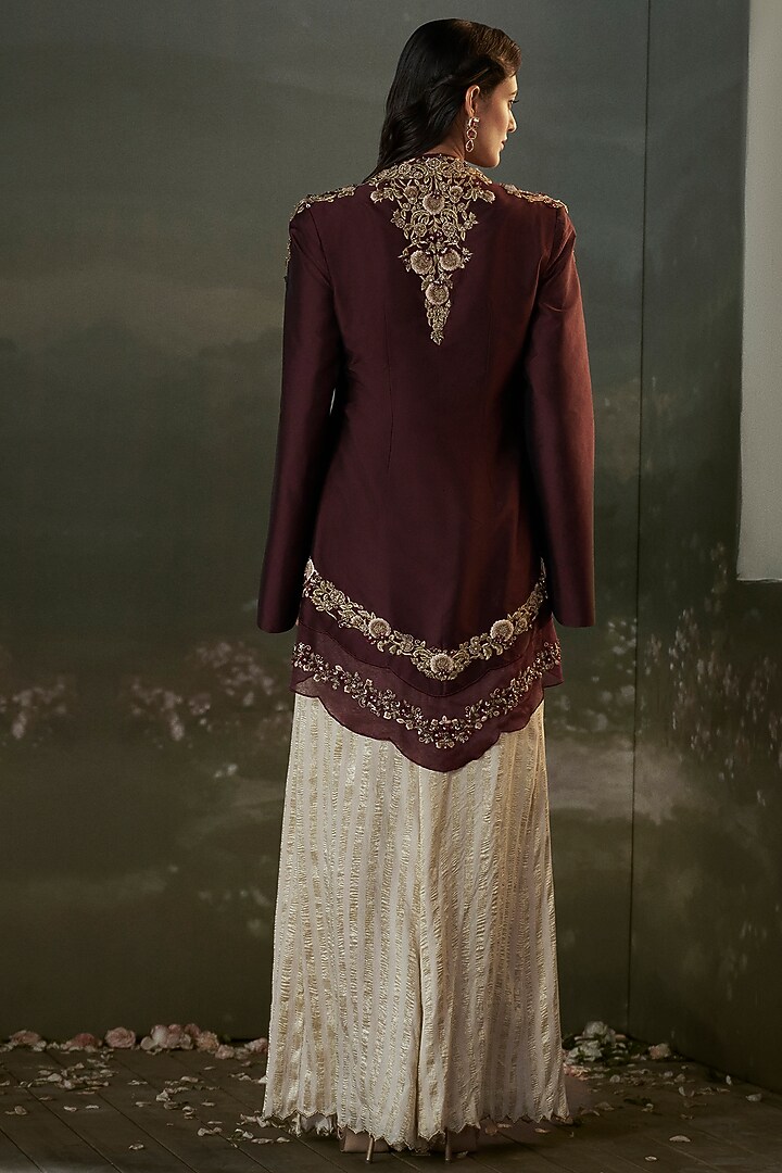 Burgundy Organza Bead Embroidered Cape Set by NITIKA GUJRAL at Pernia's Pop Up Shop
