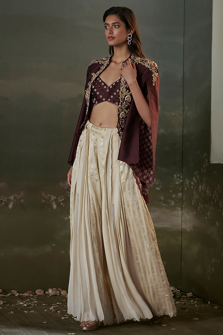 Burgundy Organza Bead Embroidered Cape Set by NITIKA GUJRAL at Pernia's Pop Up Shop