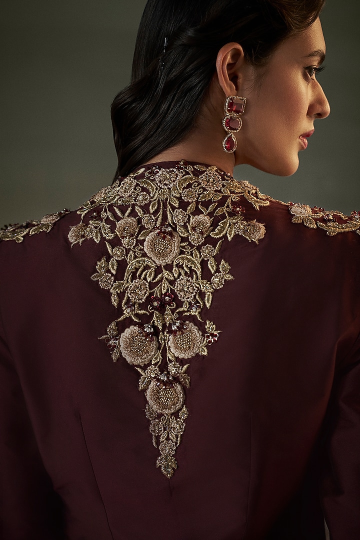 Burgundy Organza Bead Embroidered Cape Set by NITIKA GUJRAL at Pernia's Pop Up Shop