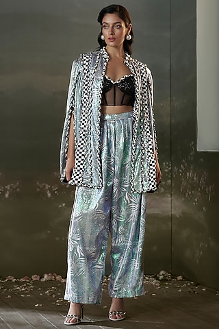 Metallic Net & Satin Sequins Embroidered Jacket Set by NITIKA GUJRAL