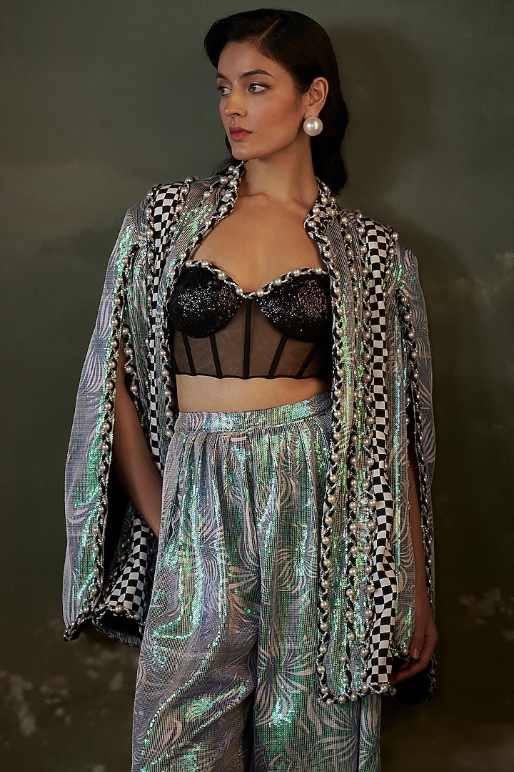 Metallic Net & Satin Sequins Embroidered Jacket Set by NITIKA GUJRAL at Pernia's Pop Up Shop