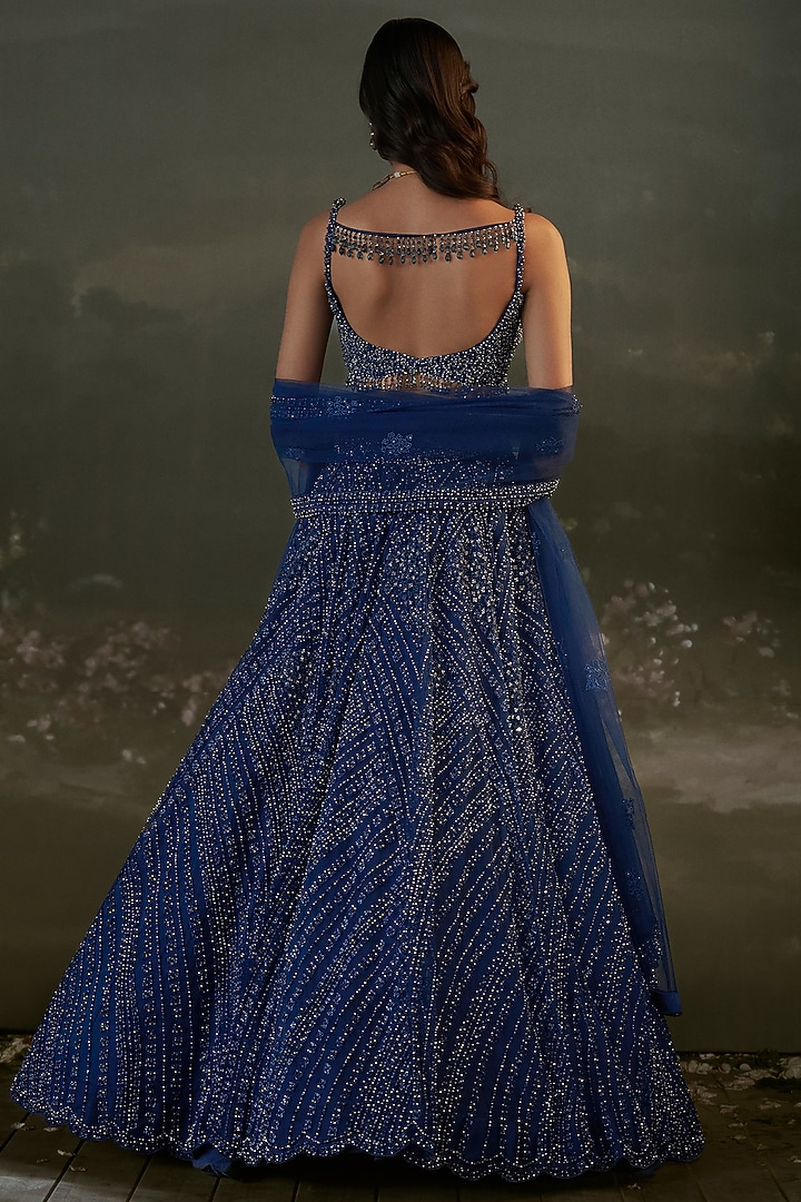 Midnight Blue Net & Satin Sequins Embroidered Bridal Lehenga Set by NITIKA GUJRAL at Pernia's Pop Up Shop