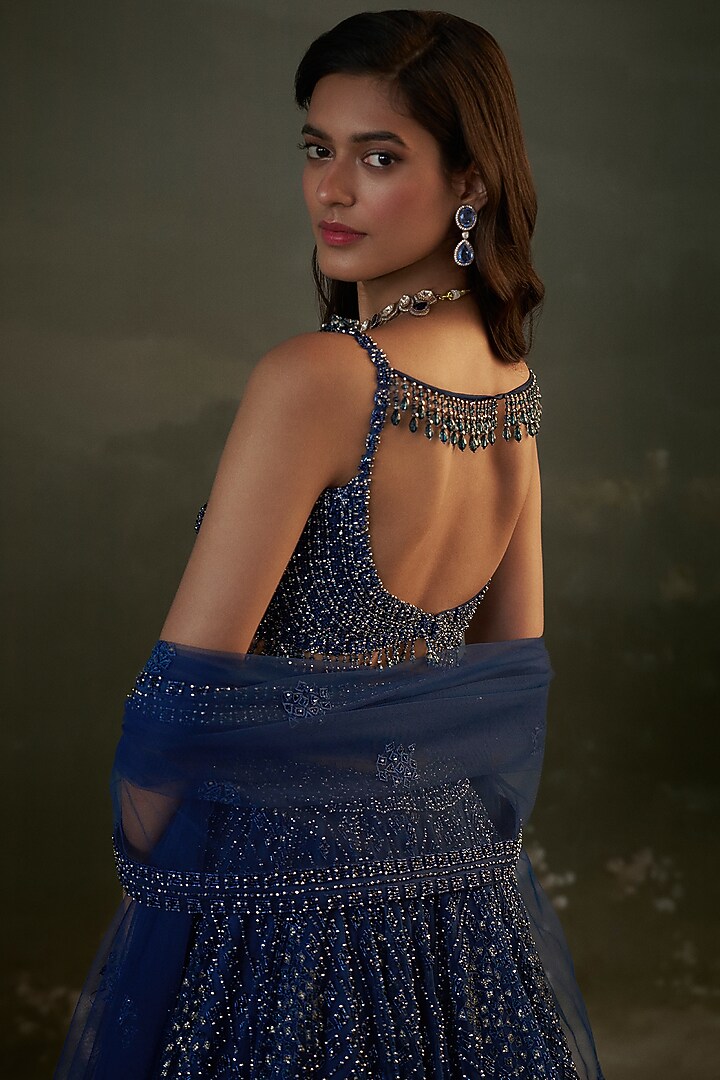 Midnight Blue Net & Satin Sequins Embroidered Bridal Lehenga Set by NITIKA GUJRAL at Pernia's Pop Up Shop