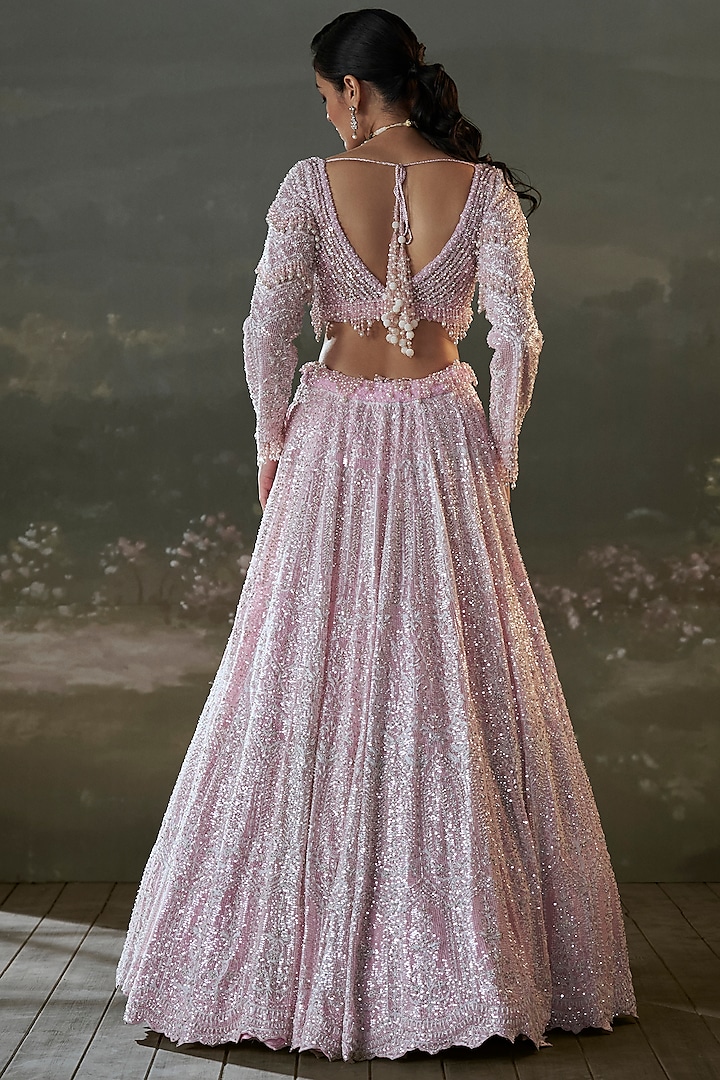 Pink Net & Satin Sequins Embroidered Bridal Lehenga Set by NITIKA GUJRAL at Pernia's Pop Up Shop