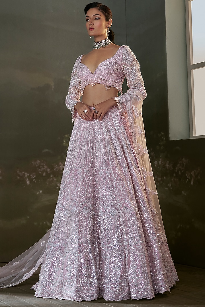 Pink Net & Satin Sequins Embroidered Bridal Lehenga Set by NITIKA GUJRAL at Pernia's Pop Up Shop