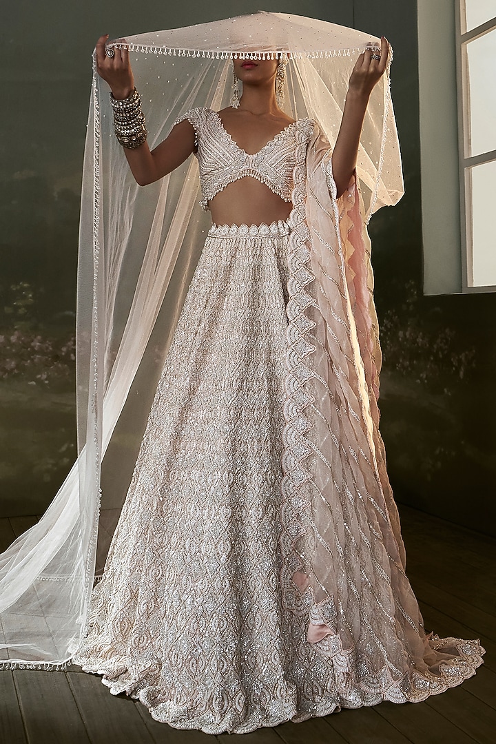Blush Pink Satin Organza Resham Embroidered Bridal Lehenga Set by NITIKA GUJRAL at Pernia's Pop Up Shop