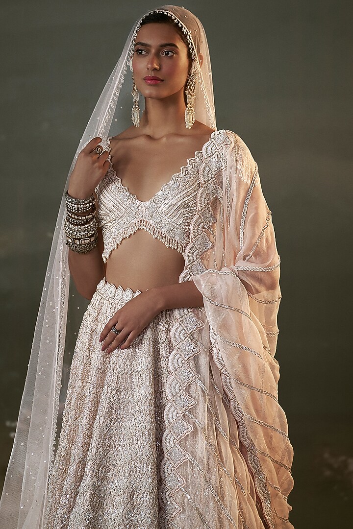Blush Pink Satin Organza Resham Embroidered Bridal Lehenga Set by NITIKA GUJRAL at Pernia's Pop Up Shop
