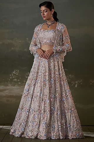 Peach Net & Satin Sequins Embroidered Jacket Lehenga Set by NITIKA GUJRAL