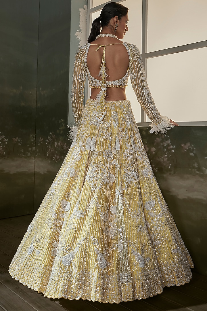 Yellow Net & Satin Sequins Embroidered Bridal Lehenga Set by NITIKA GUJRAL at Pernia's Pop Up Shop