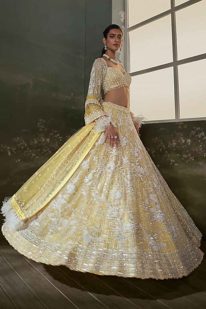 Yellow Net & Satin Sequins Embroidered Bridal Lehenga Set by NITIKA GUJRAL at Pernia's Pop Up Shop