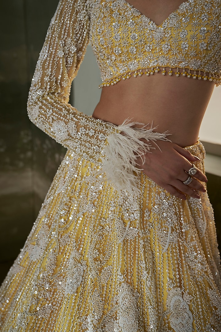 Yellow Net & Satin Sequins Embroidered Bridal Lehenga Set by NITIKA GUJRAL at Pernia's Pop Up Shop