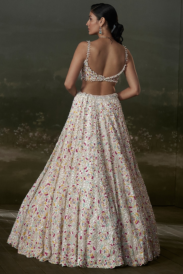 Ivory Organza & Satin Beads Embroidered Bridal Lehenga Set by NITIKA GUJRAL at Pernia's Pop Up Shop