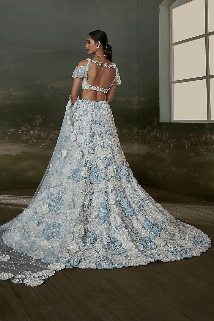 Powder Blue Net 3D Floral Embroidered Trail Bridal Lehenga Set by NITIKA GUJRAL at Pernia's Pop Up Shop