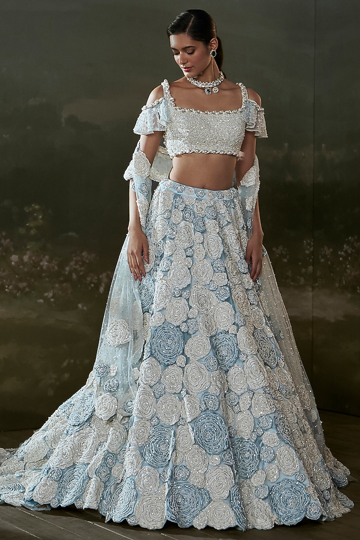 Powder Blue Net 3D Floral Embroidered Trail Bridal Lehenga Set by NITIKA GUJRAL at Pernia's Pop Up Shop