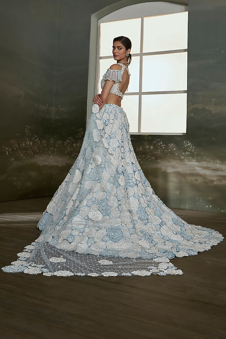 Powder Blue Net 3D Floral Embroidered Trail Bridal Lehenga Set by NITIKA GUJRAL at Pernia's Pop Up Shop